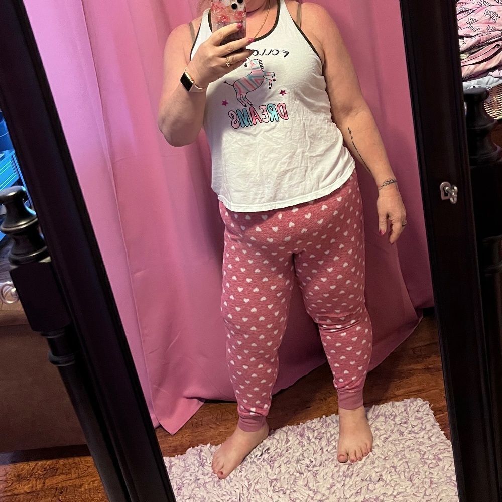 Secret Treasures Medium Fuzzy Sleep Pants PJ's Pink & White Hearts